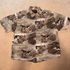 Bass All Over Print Fish Bluff Creek Short Sleeve Outdoor Shirt Mens Sz XL AOP